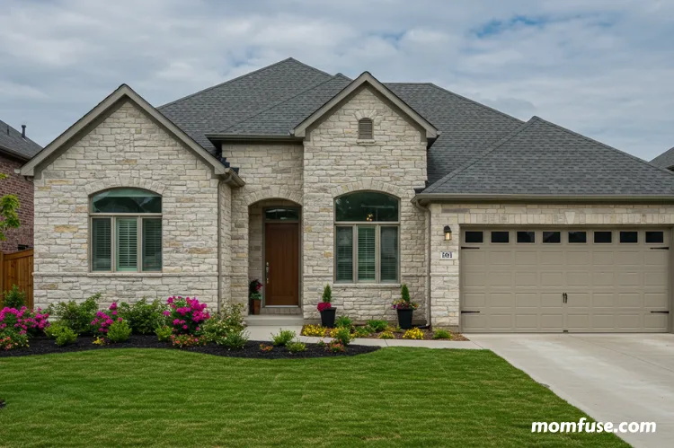 A modern suburban home exterior with a mix of stone veneer styles.