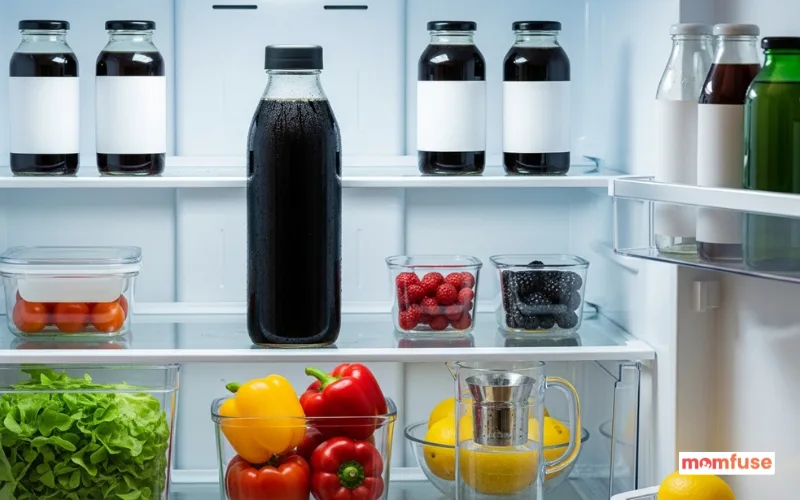 Airtight glass bottle of cold brew in refrigerator, clean fridge setup, organized shelves, fresh lifestyle look.