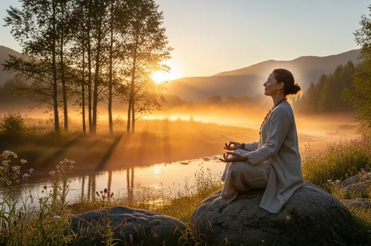 Calm person meditating outdoors during sunrise.