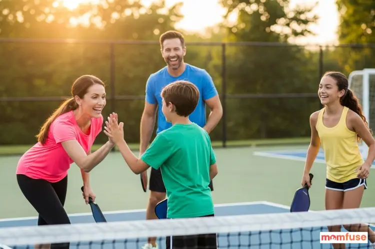 Family laughing and bonding during pickleball match, teamwork and fun moments.