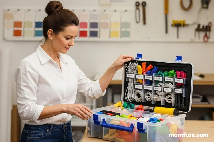 A calm decorator organizing a well-stocked balloon emergency kit,