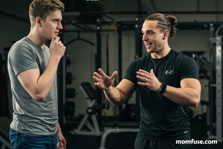 A gym trainer talking to a client, using hand gestures to explain a workout.