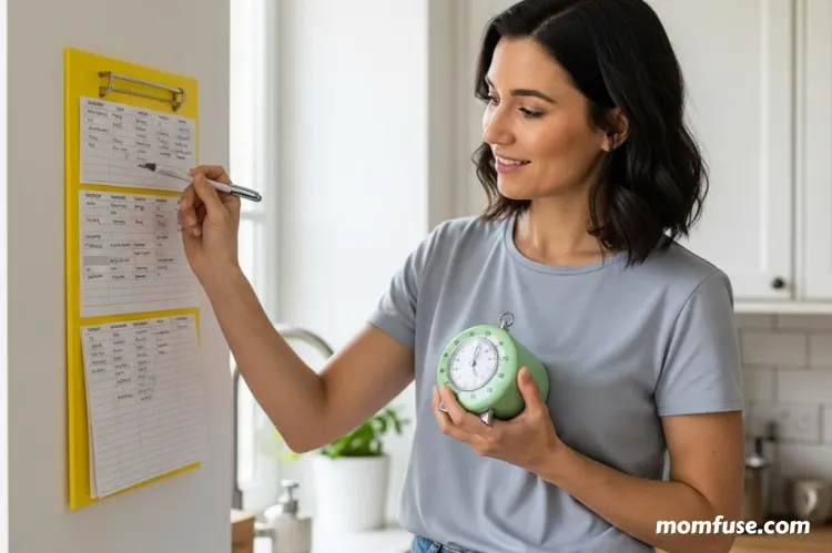 A mom using a wall planner and timer with a gentle smile.
