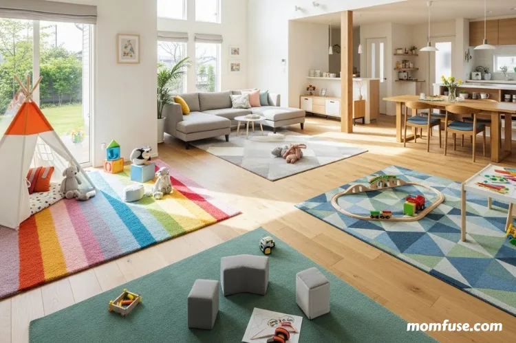 A spacious open-concept home with designated carpeted play zones.