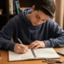 High school student writing study goals in a notebook at a clean desk with books.