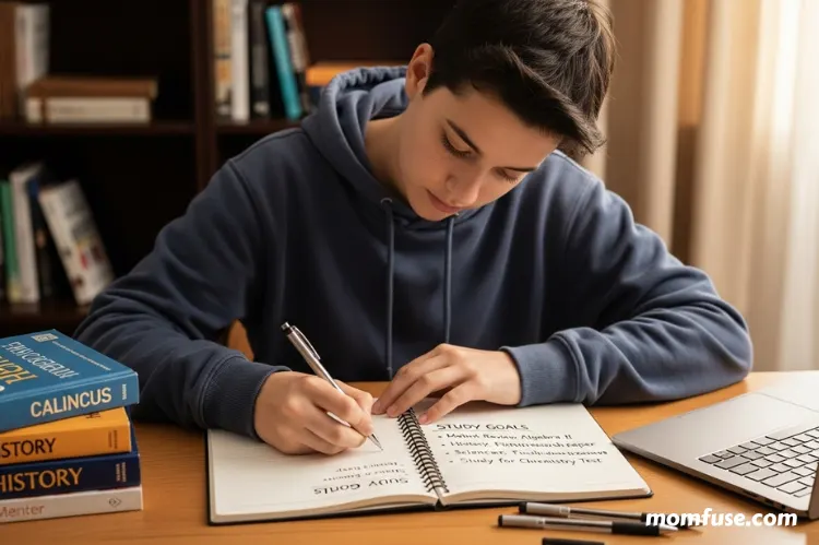 High school student writing study goals in a notebook at a clean desk with books.