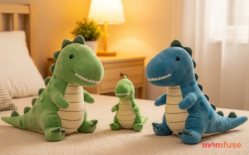Soft dinosaur plush toys on bed, cozy bedroom setting, warm lighting, realistic fabric texture