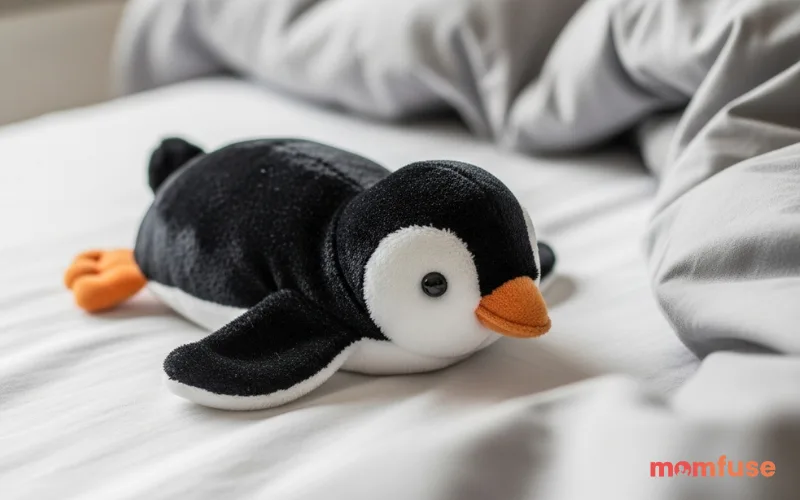 Realistic plush penguin toy placed on bed, soft fabric texture, warm indoor lighting, cozy environment