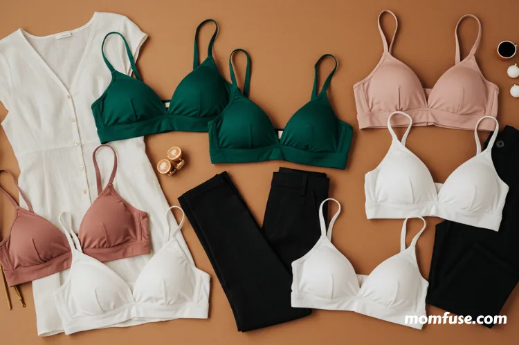 A flatlay of different bras in versatile colors placed next to outfits.