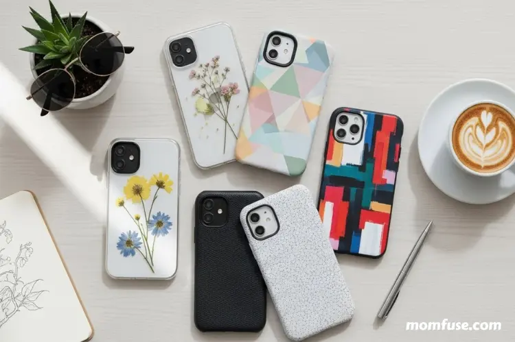 A modern lifestyle featuring multiple stylish iPhone cases arranged aesthetically on a clean desk.