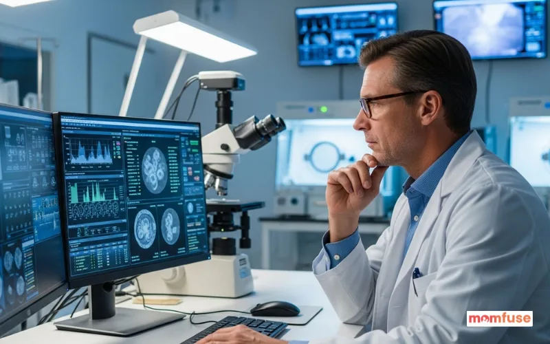 Experienced fertility doctor analyzing embryo lab data on computer screen.