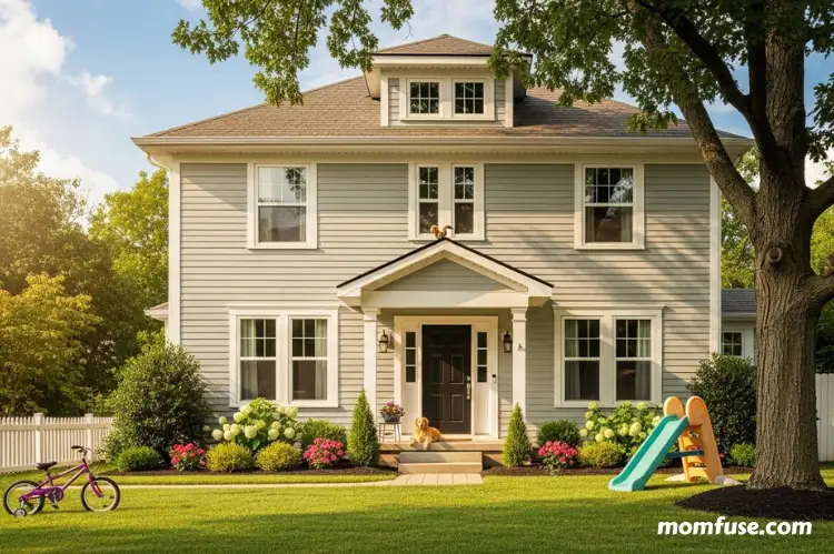 A clean, bright Middle Tennessee suburban home exterior during early summer, family-friendly atmosphere.