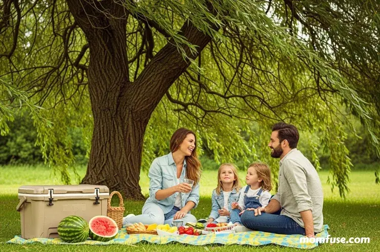 A summer picnic under a shady tree with a cooler, watermelon. -picnic planning tips