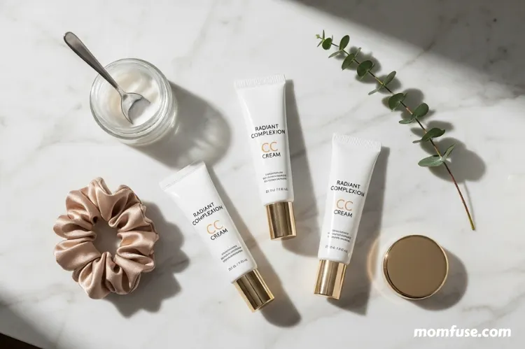 A minimalist flat-lay image of luxury CC cream tubes and beauty essentials on a marble vanity.