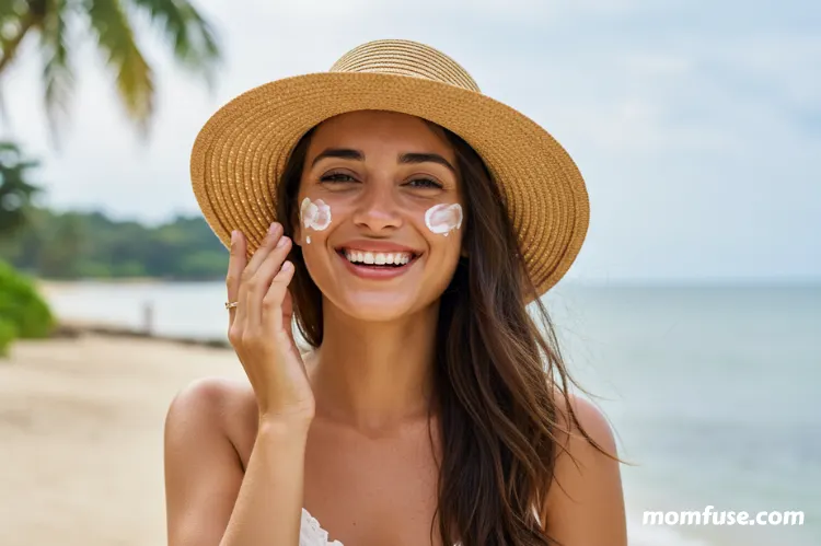 A woman smiling while applying sunscreen to her face