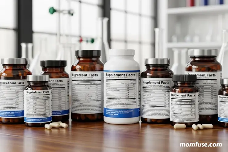 A modern medical composition of various supplement bottles with labels facing upward.