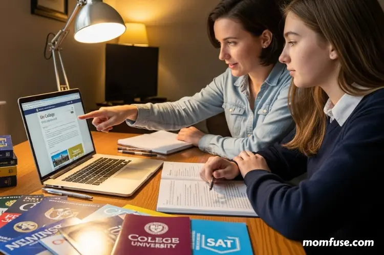 Teen and parent researching colleges on a laptop, with college brochures and SAT prep books on the desk.