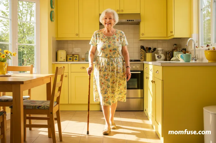Elderly woman confidently walking with a cane in her bright kitchen.