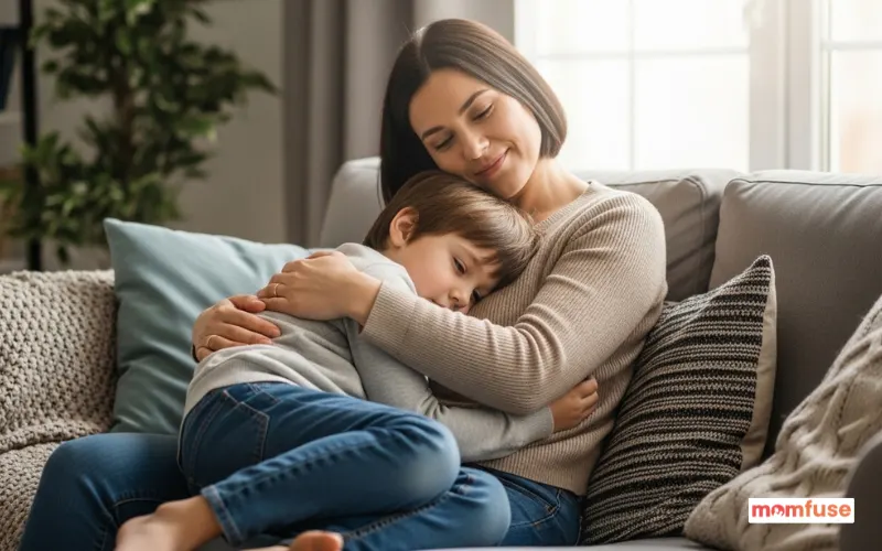Parent comforting child with a gentle hug on a couch, cozy home setting