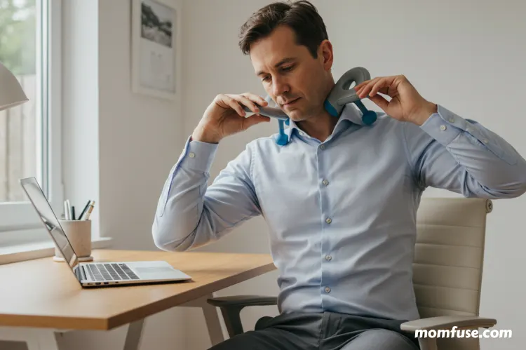 Professional man using ergonomic recovery tool on neck and shoulders while sitting at a home office.