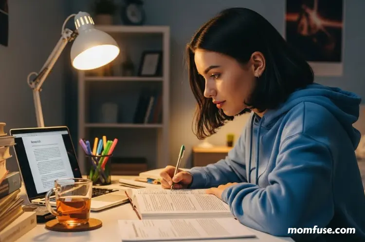 Teen looking confident and motivated while studying at a desk.