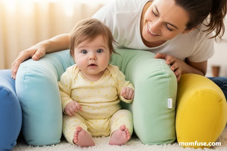 A parent carefully supporting a baby in an upright sitting position using cushions.