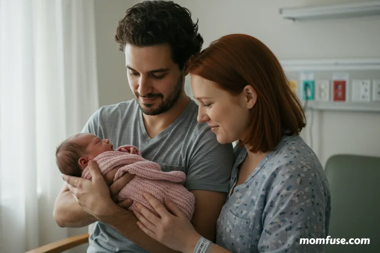 An emotional moment of two intended parents holding a newborn baby in a hospital room.