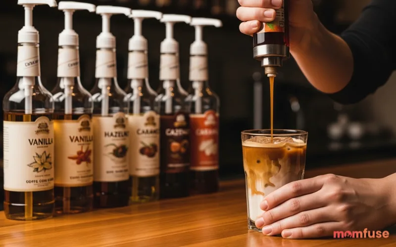 “coffee syrups lined up, caramel vanilla pumps, barista hand adding syrup to drink, close-up”