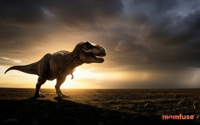 Massive Tyrannosaurus rex roaring in open prehistoric plain, dramatic sky, cinematic lighting, ultra realistic