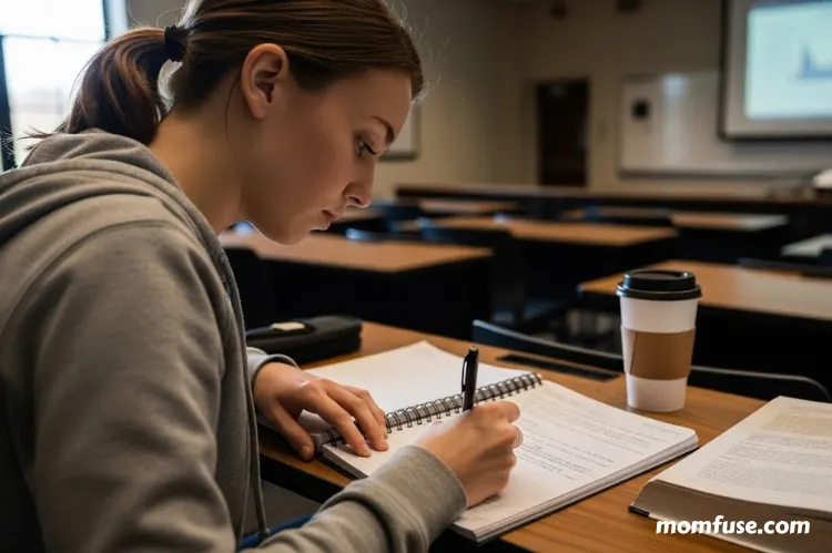 A student taking structured notes in a notebook during class.