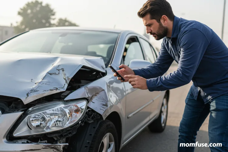 A man taking pictures in smartphone of car damage.