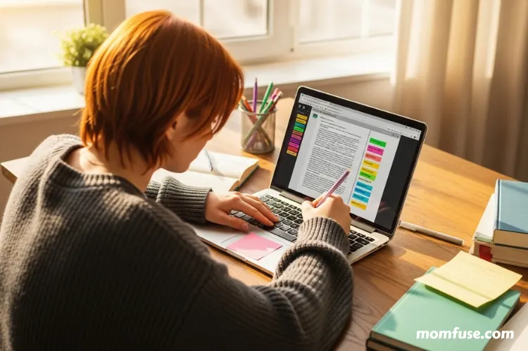 A student using a laptop to take color-coded notes.