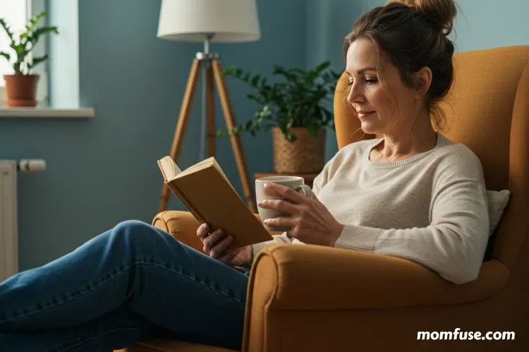 A relaxed mom enjoying self-care at home, sitting in a cozy chair with a book and tea.