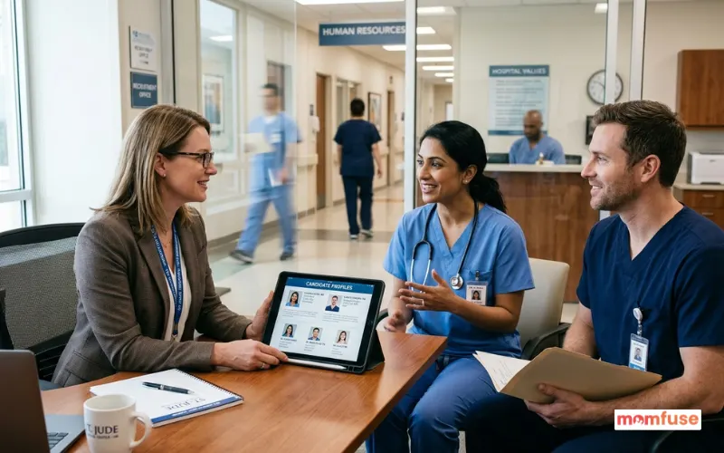 Healthcare recruiter interviewing doctors and nurses, candidate profiles, hospital setting.