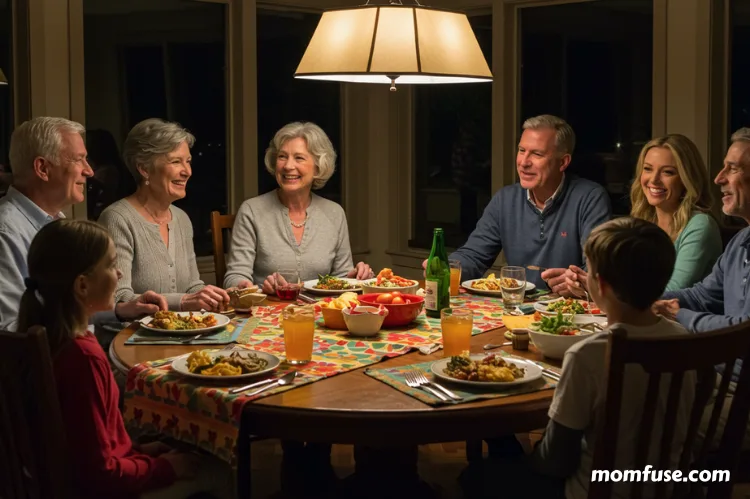 A multigenerational family sitting around a dining table.