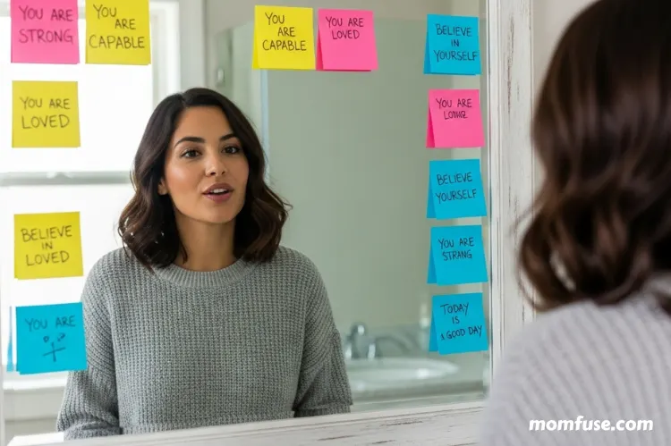 A woman standing in front of a mirror saying positive affirmations, handwritten sticky notes.
