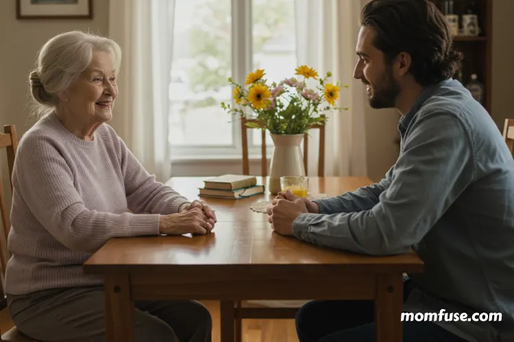 Elderly parent and adult child sitting at a table having a calm conversation.