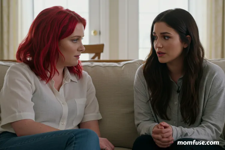 Two women sitting together on a cozy couch they are talking.