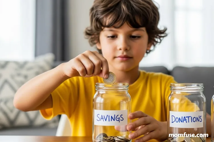 A child placing coins into labeled jar.