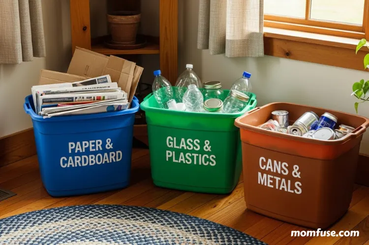 Rural home interior scene with labeled recycling bins, color-coded tubs.
