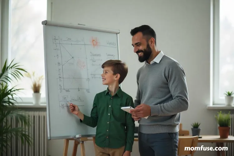 Smiling parent teaching a child on a whiteboard. 