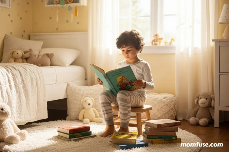 A peaceful bedroom without electronics, a child reading a real book.