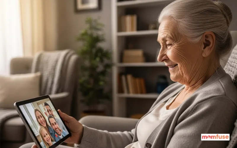 elderly grandmother smiling during video call with family on tablet, cozy home setting.