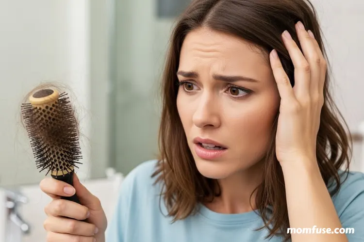 A women is brushing her hair, but her hair is falling off and she is worried about it.