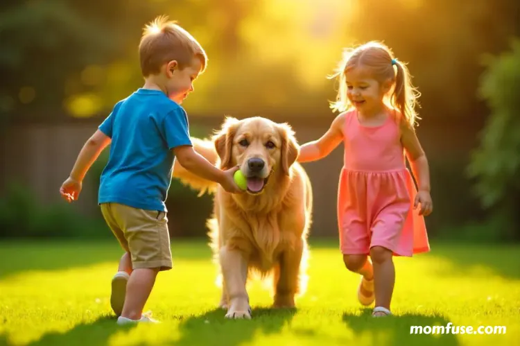 Golden Retriever playing gently with children in a backyard.
