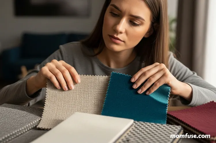 A realistic of woman touching and feeling different sofa fabric samples under indoor lighting.