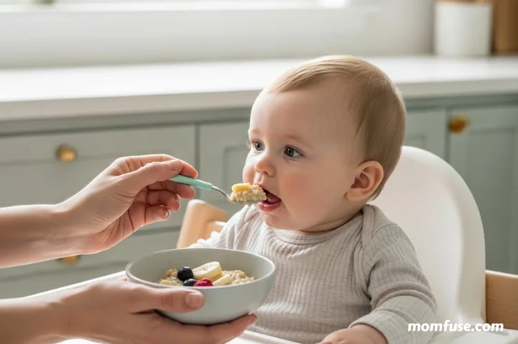 A warm, comforting scene of a parent gently feeding a baby from a small bowl of wholesome food.