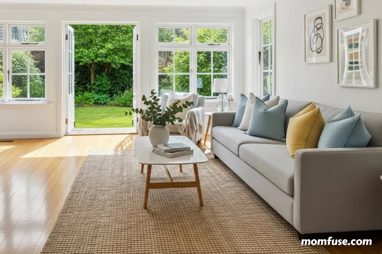A bright living room with clean floors, fresh cushions, and open windows.