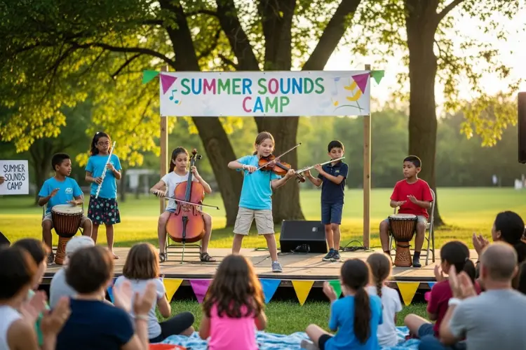 A child violinist performing at a music camp with other young musicians.