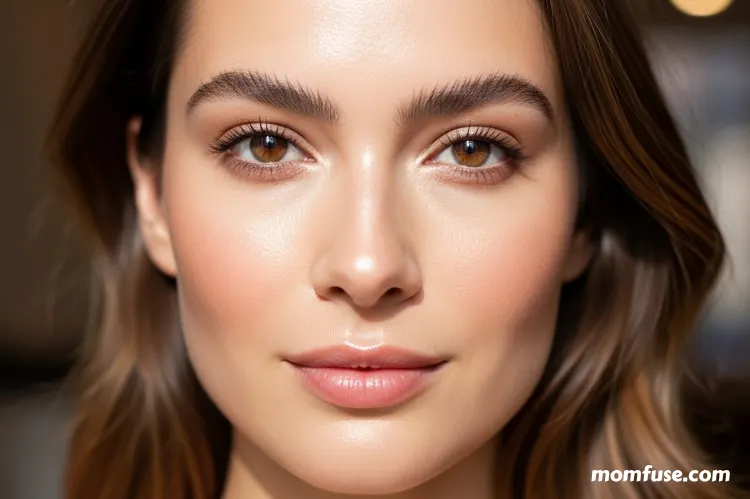 Portrait of a woman with radiant, dewy skin in soft daylight, highlighting healthy glow.